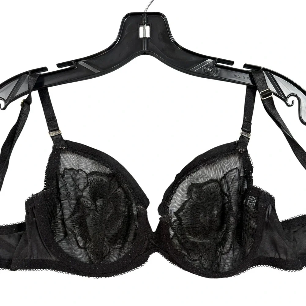 Natori Cherry Blossom Black Floral Lace Mesh Underwire Bra 728191 32C‎ NEW Sexy